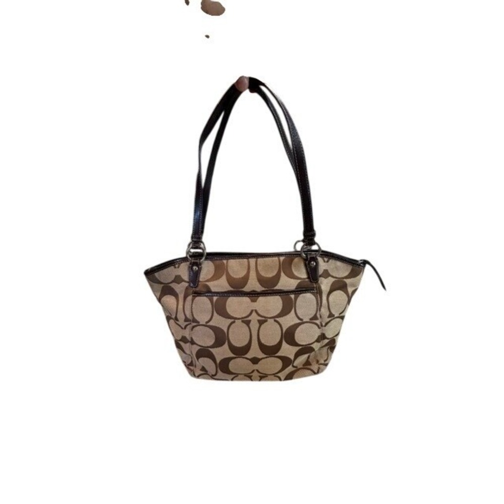Coach Signature Monogram Canvas Leather Shoulder Bag Khaki Brown Tote Zipper - Picture 3 of 9